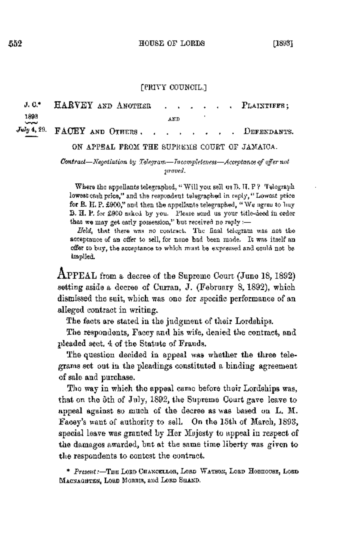 [1893] A.C. 552 - Privy Council Case Study on Contract Negotiation ...