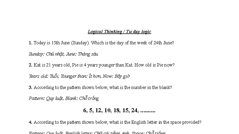 Logical Thinking Exam Questions / Đề thi Tư duy logic - Studocu