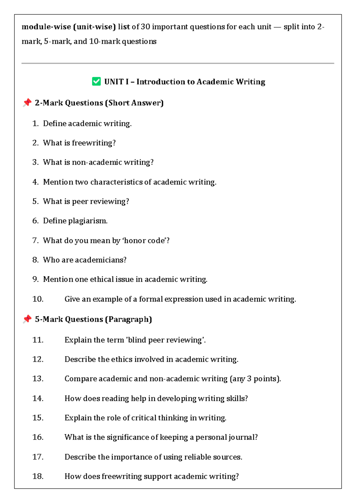 Academic Writing module wise imp Qn - module-wise (unit-wise) list of ...
