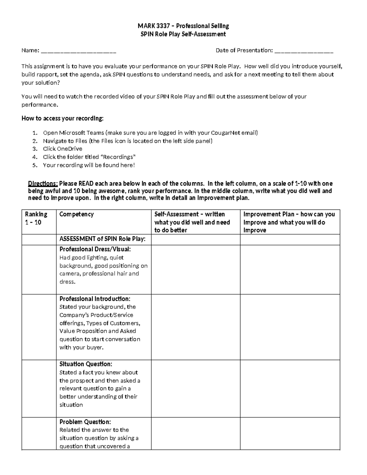 MARK 3337 - SPIN Role Play Self-Assessment Template - Studocu