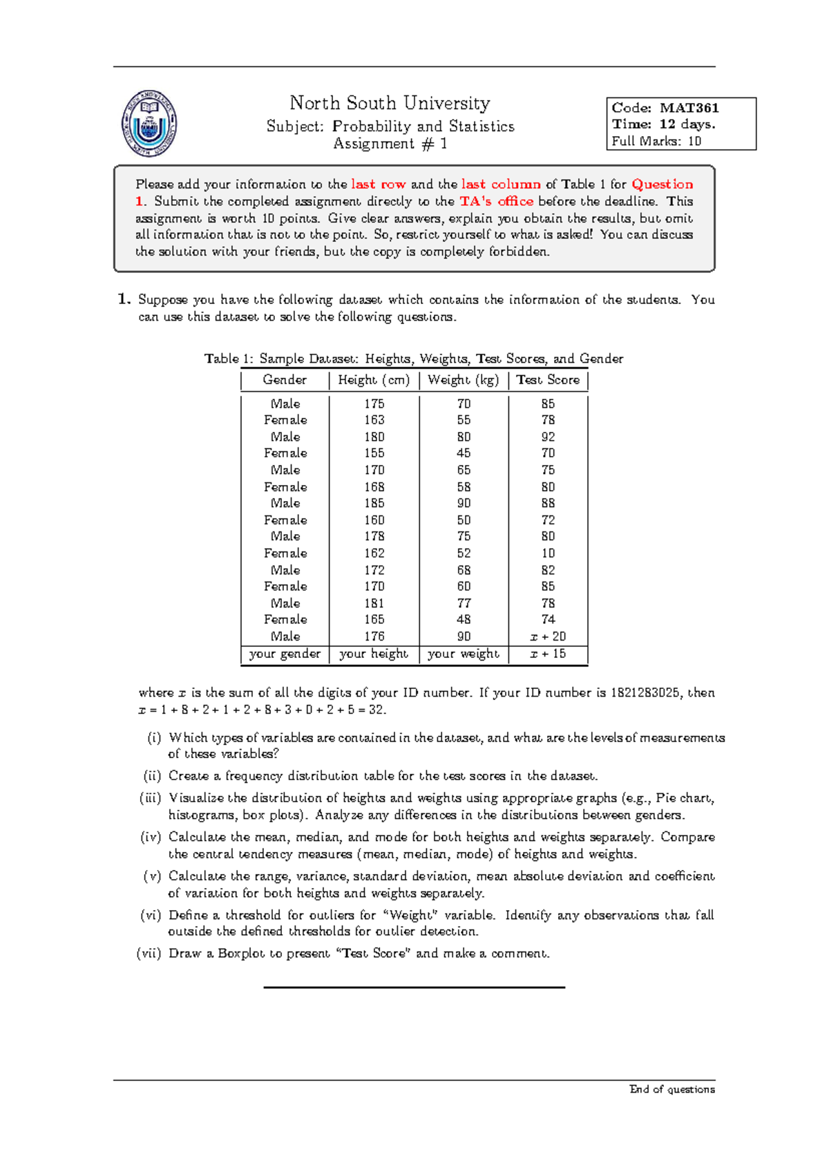 MAT Probability and Statistics Assignment 1 - Summer 2024 - Studocu