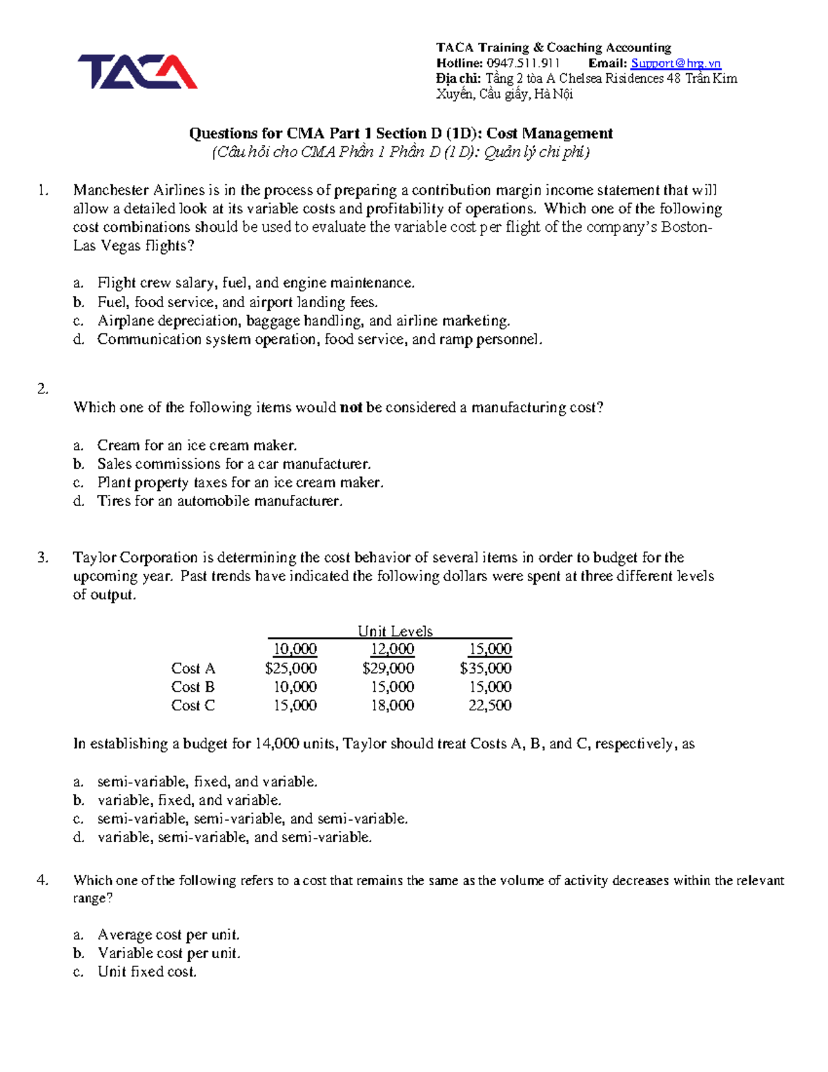 CMA Part 1 Section D (1D): Cost Management Practice Questions - Studocu