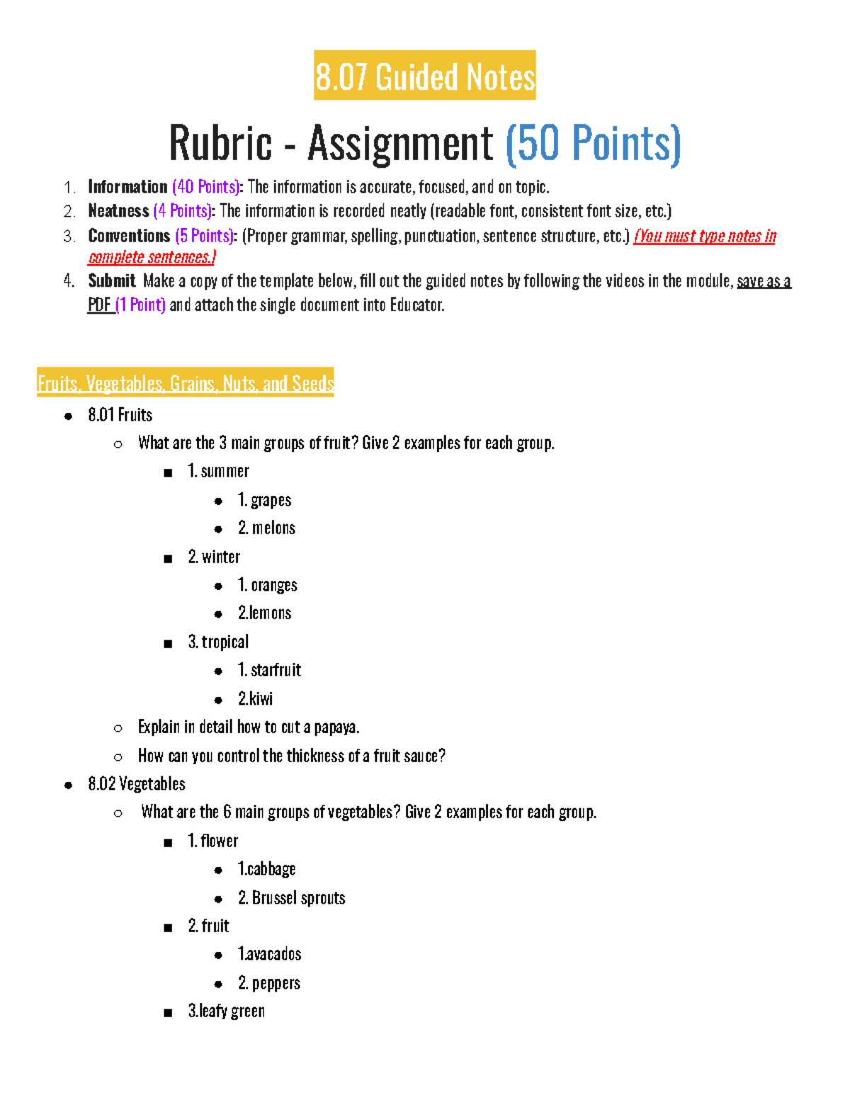 8.07 Guided notes rubric assignment for fruits and vegetables - Studocu