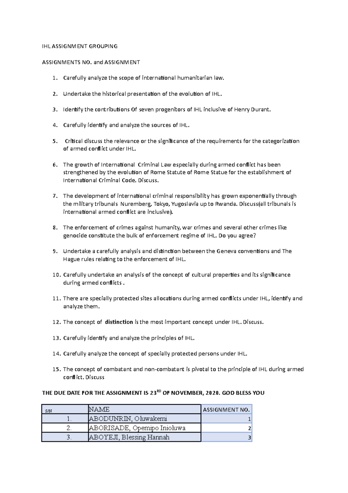 IHL 400 Level Term Paper: A Comprehensive Analysis of Humanitarian Law ...