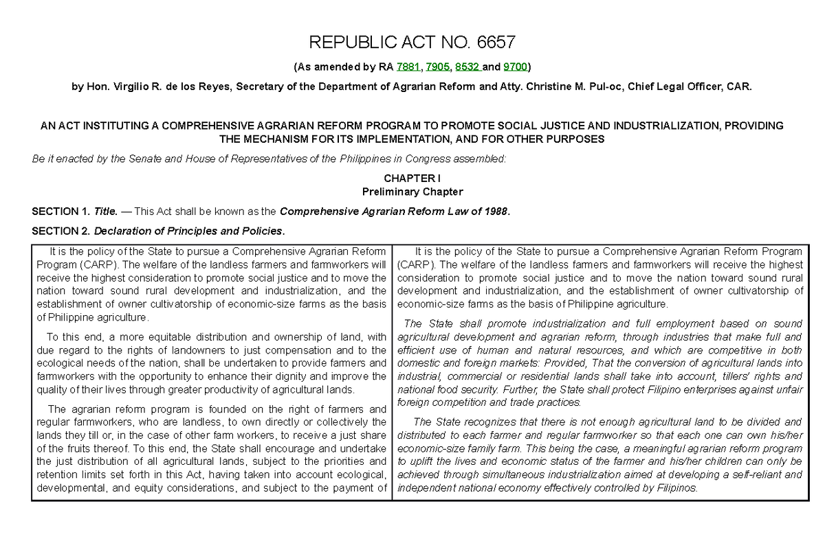 RA 6657 with Amendments from RA 7881, 7905, 8532, and 9700 - Studocu