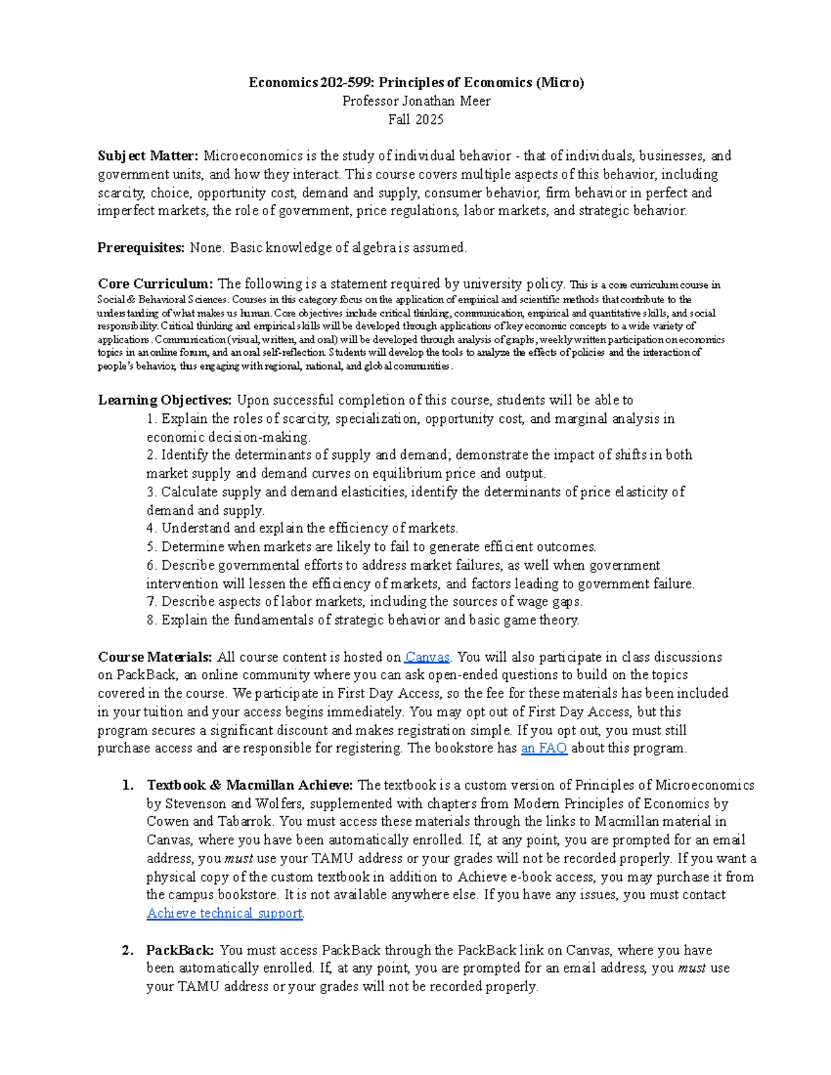 ECON 202: Principles of Microeconomics Syllabus - Fall 2025 - Studocu