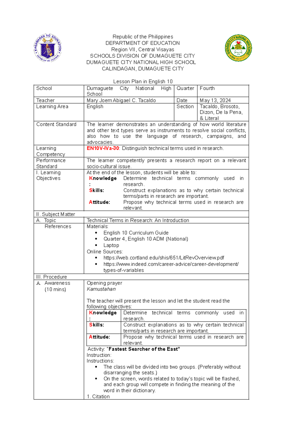 Lesson Plan..... - Republic of the Philippines DEPARTMENT OF EDUCATION ...