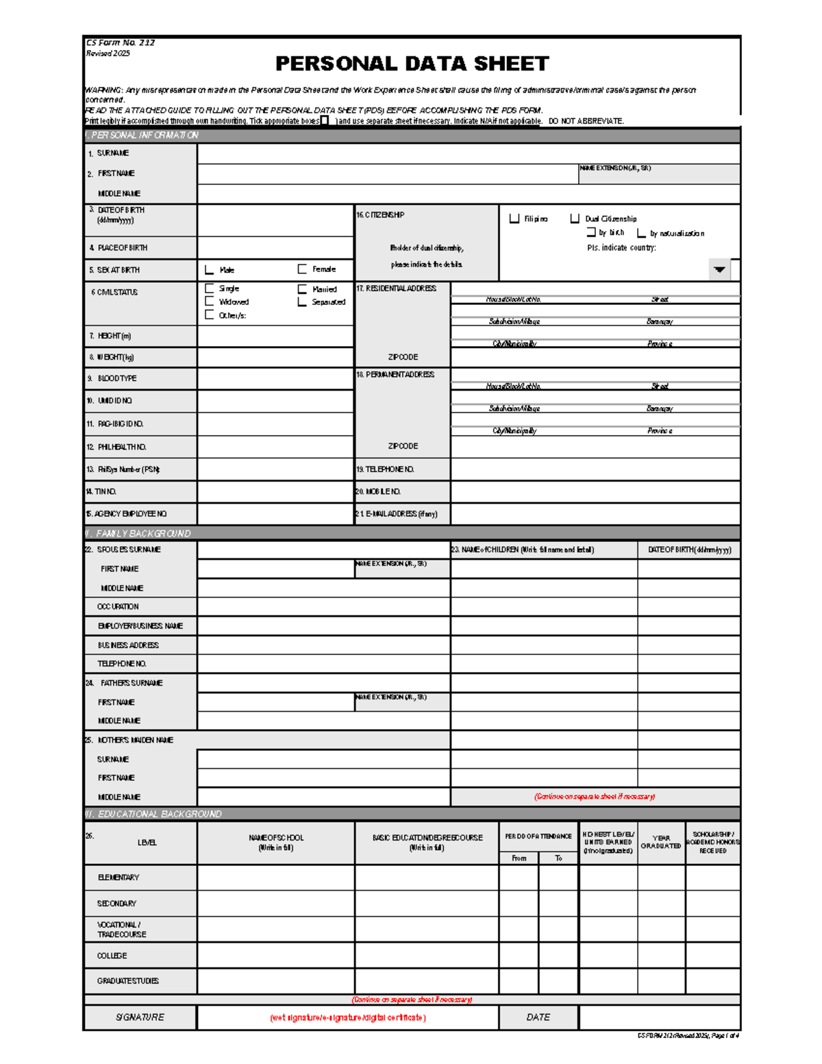 Annex H-1: CS Form No. 212 Revised 2025 - Personal Data Sheet Guide ...