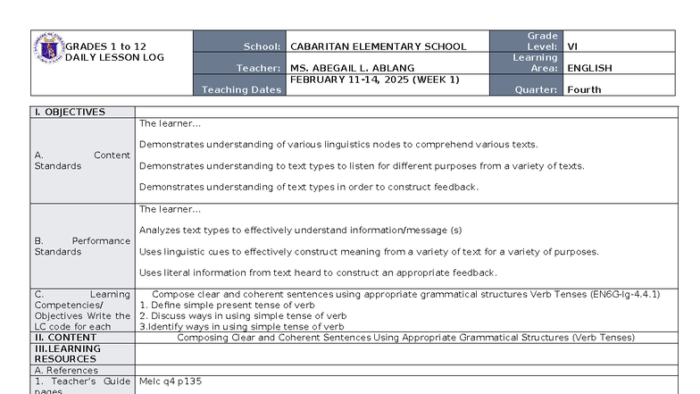 DLL English 6 Q4 W1 - Daily Lesson Log for Grade VI - Studocu