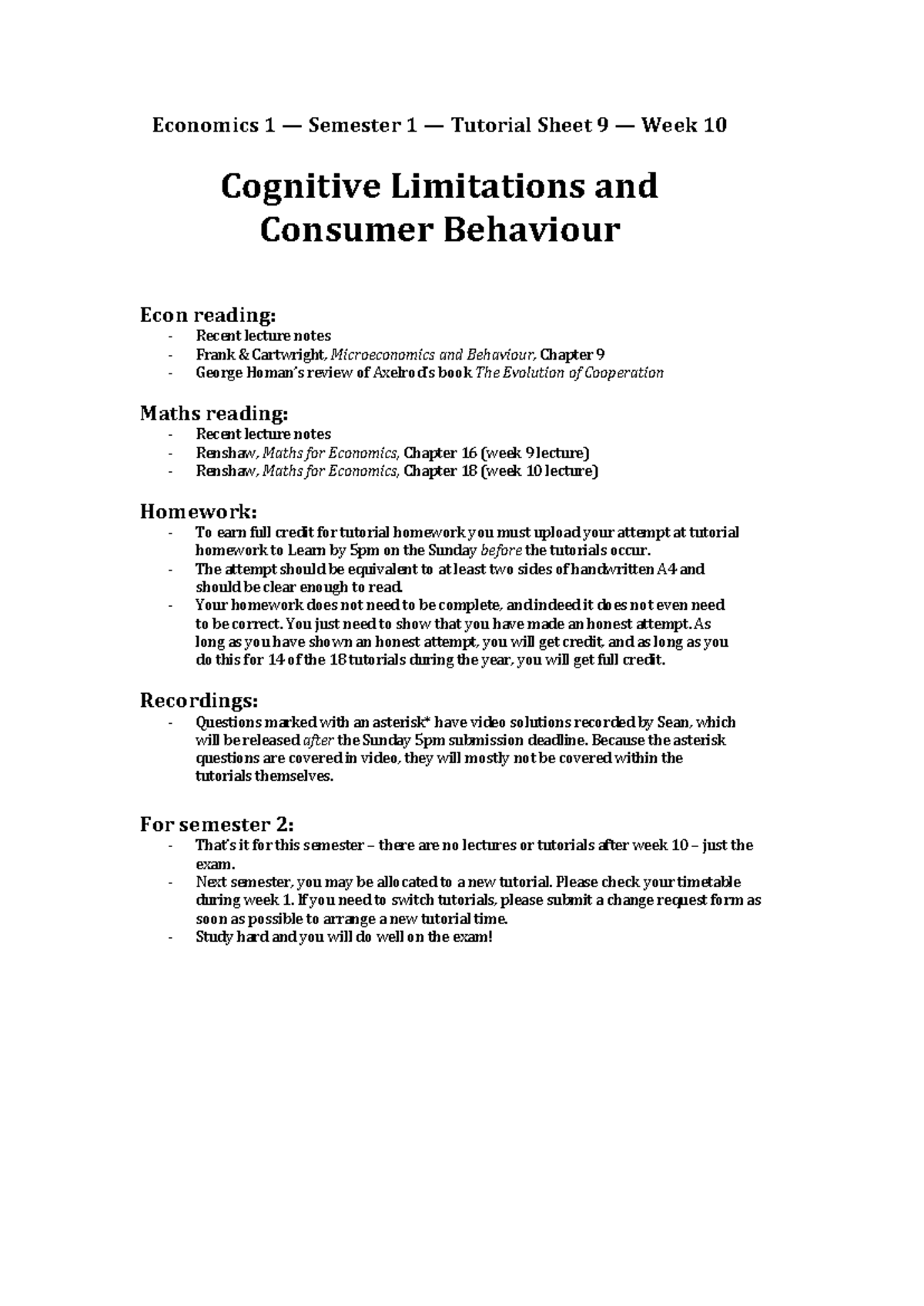 Econ 1 – S1 – W10 – Solutions - Economics 1 — Semester 1 — Tutorial ...