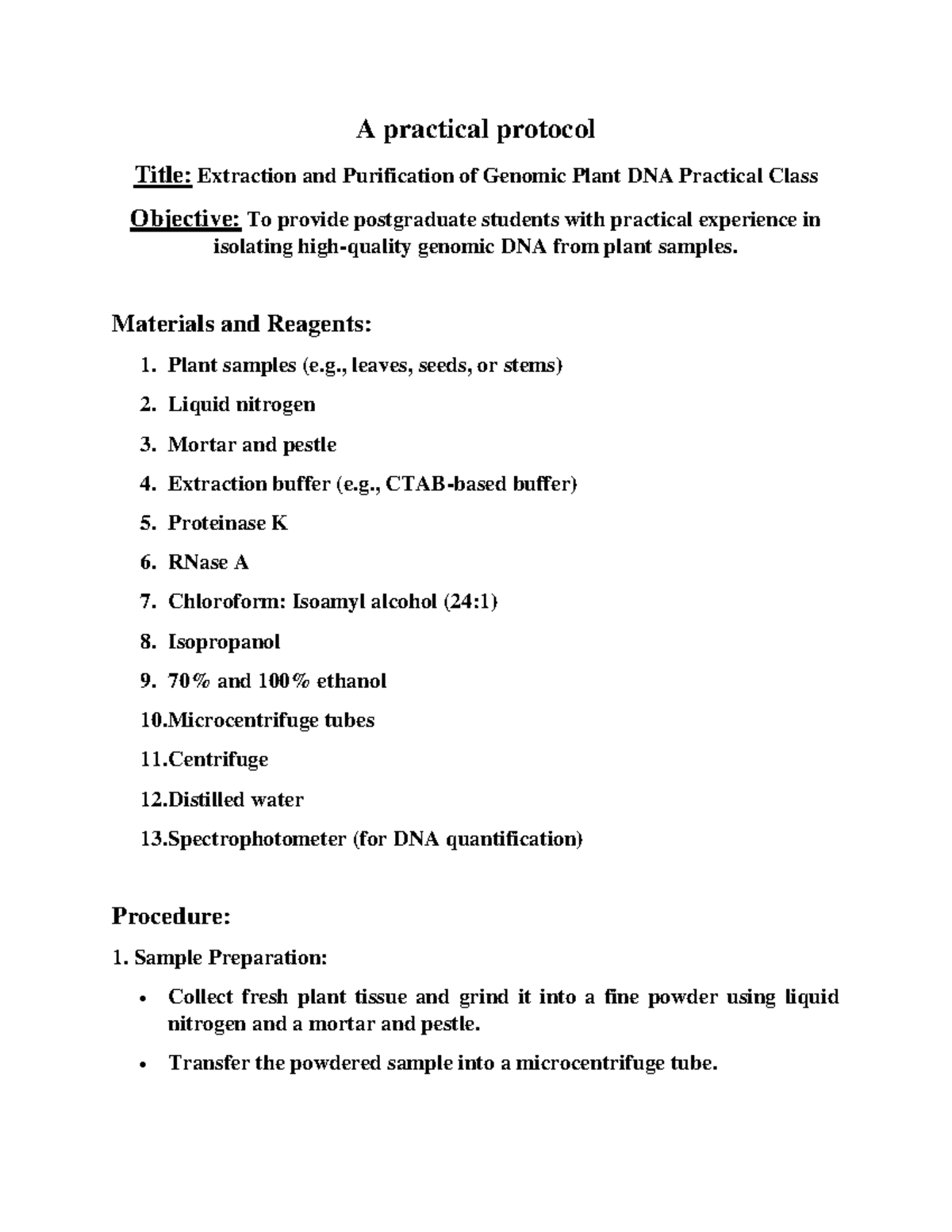 Extraction and Purification of Genomic Plant DNA - Practical Class ...