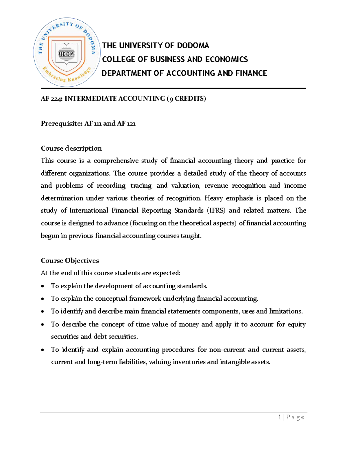 AF 224: Intermediate Accounting Course Outline and Objectives - Studocu