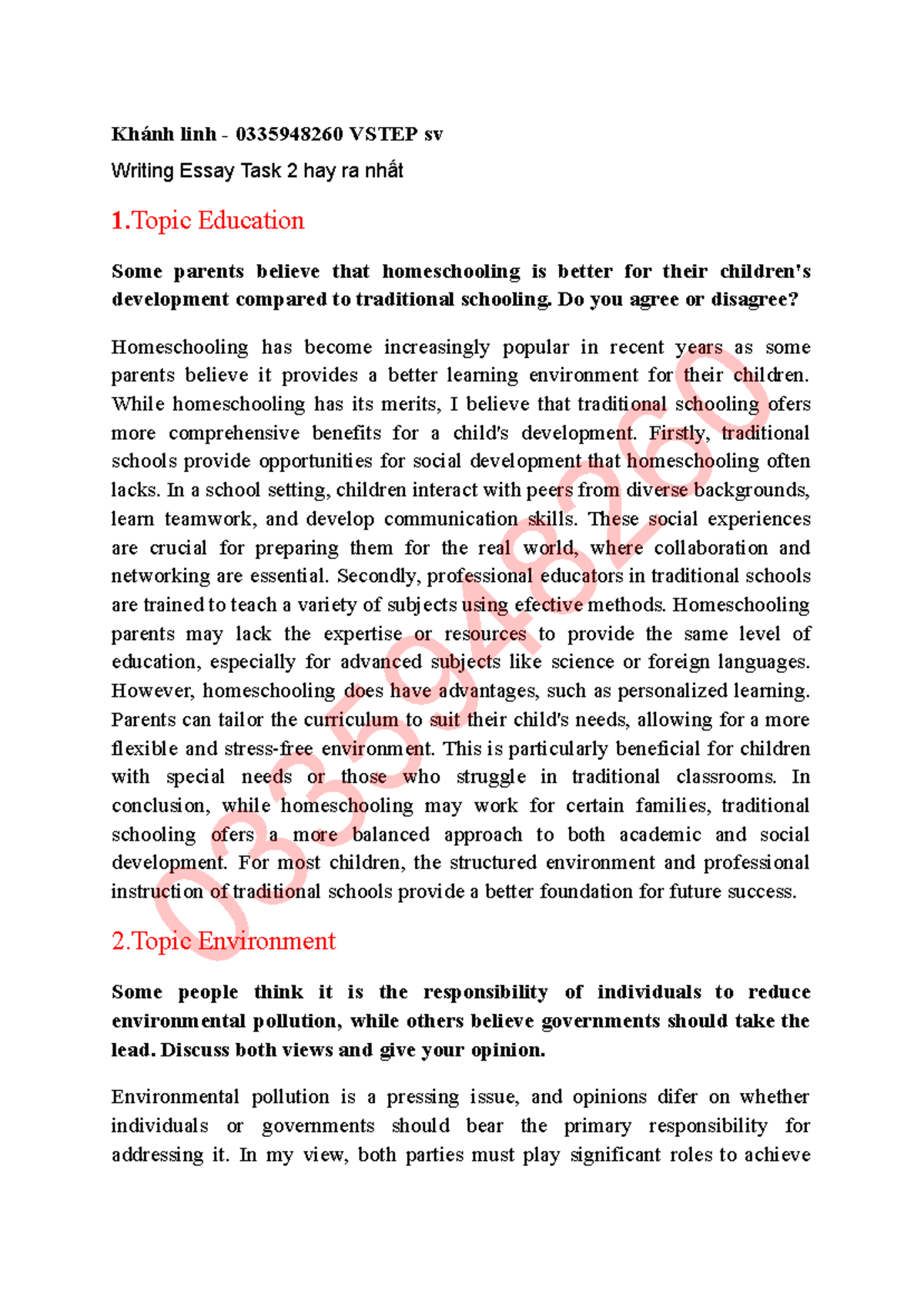 VSTEP 0335948260 Writing Essay Task 2: Education, Environment ...