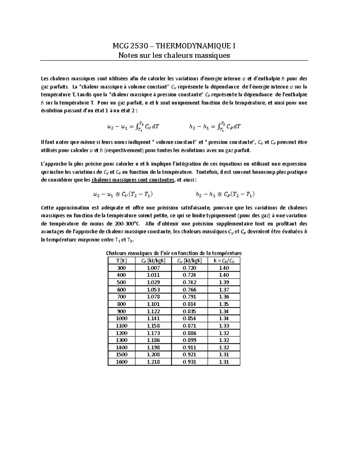 MCG 2530 Chaleur Massique de l'Air et Température en Thermodynamique — free download