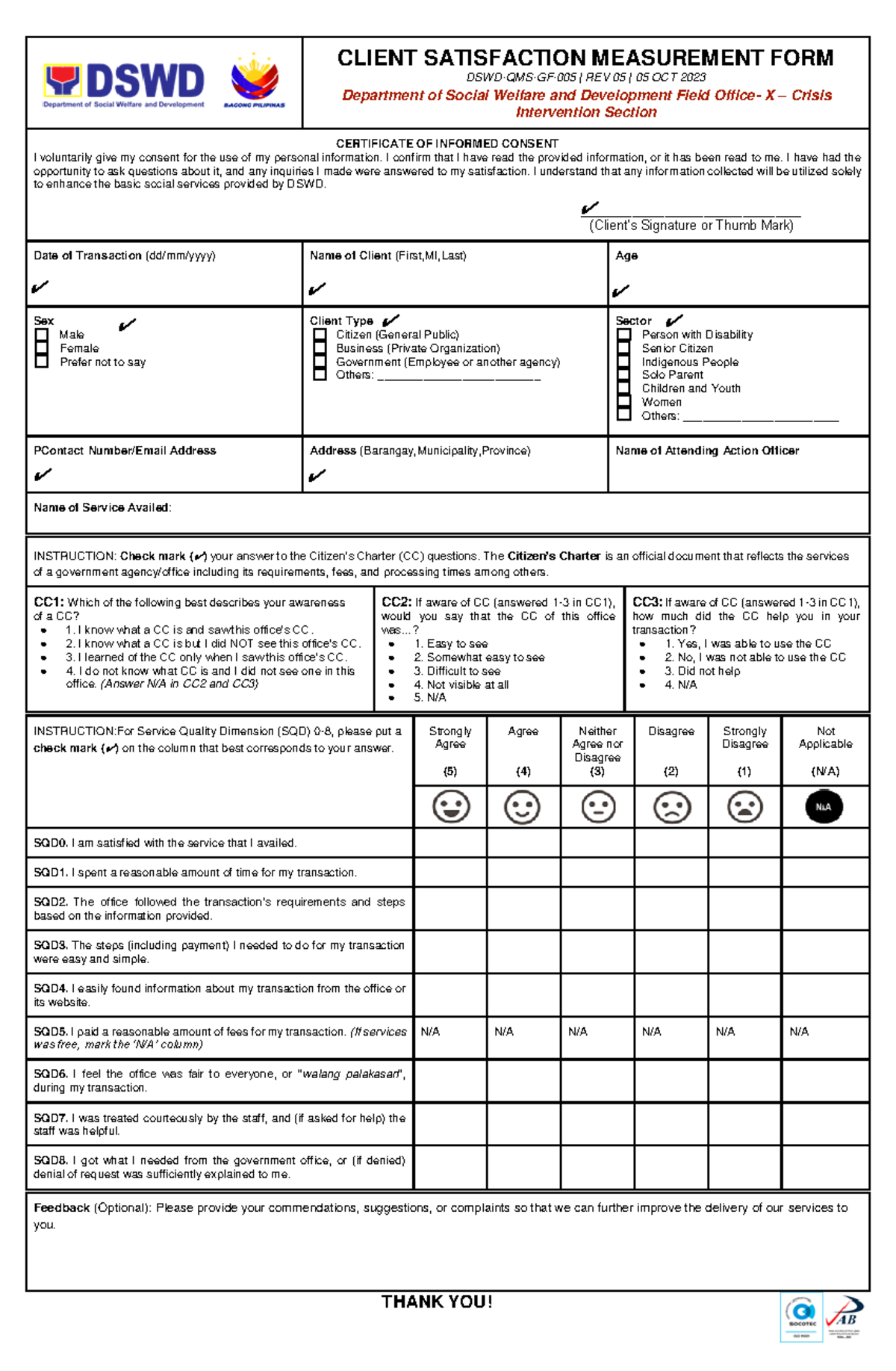CSMR - Client Satisfaction Measurement Form Answer Key - Studocu