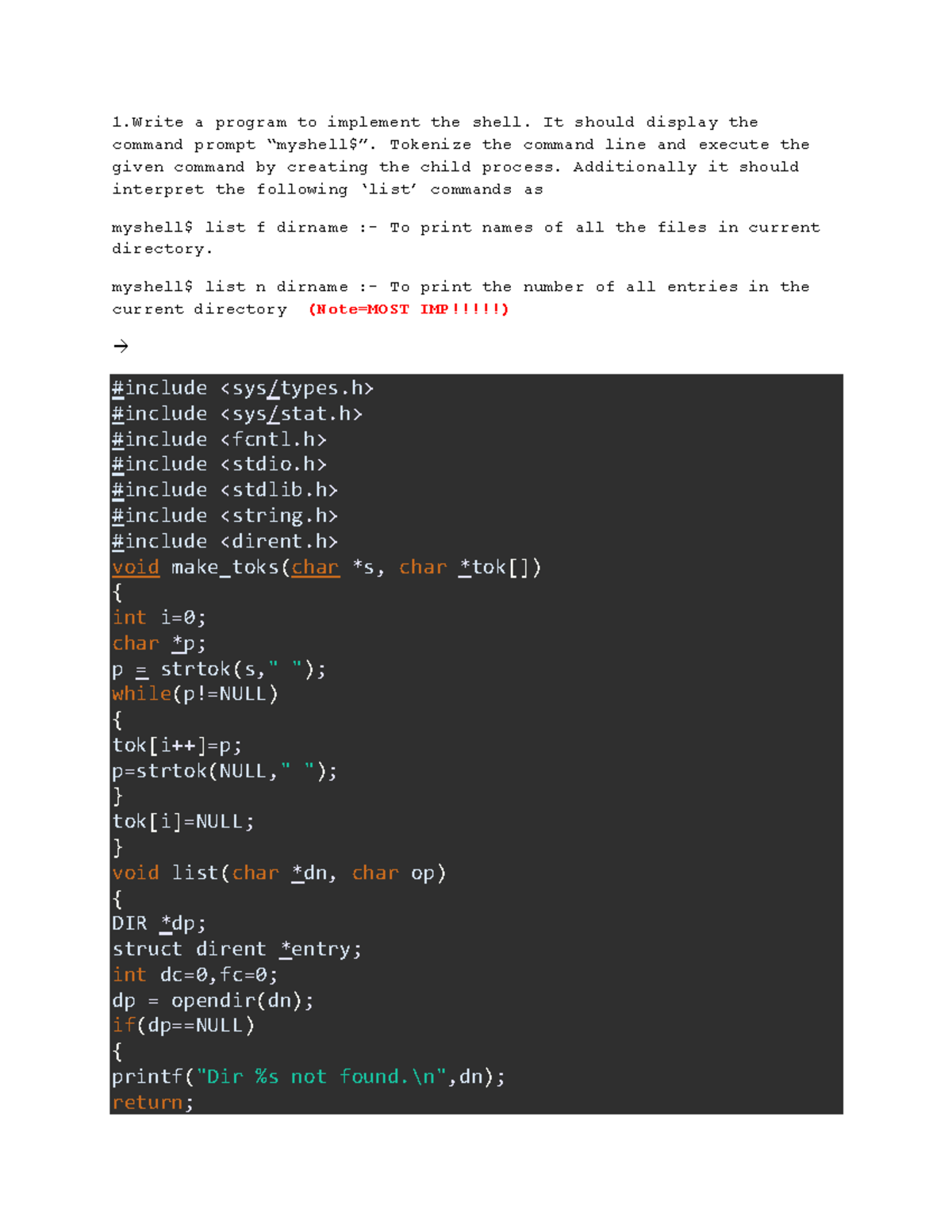Os practicale IMP - It's helps you - 1 a program to implement the shell ...