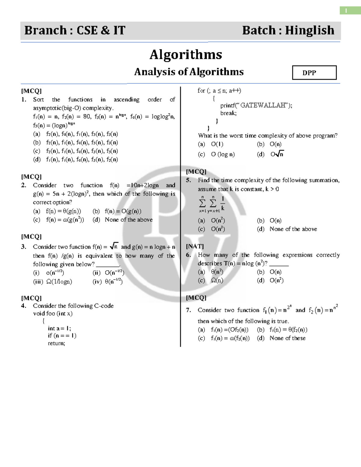 Analysis of Algorithms DPP for CSE & IT - Hinglish Batch - Studocu