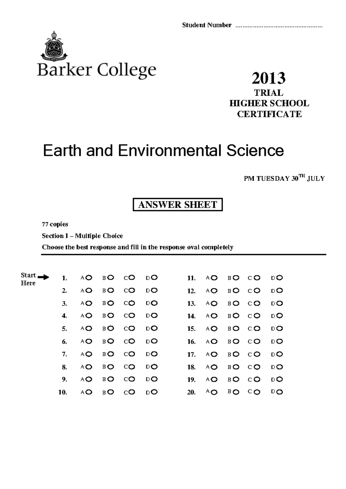 2013 HSC Earth & Environmental Science Trial Exam Answer Sheet - Studocu