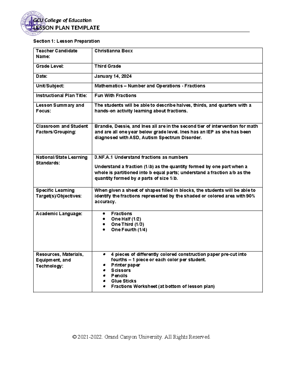 SPD-470 Lesson Plan: Fun With Fractions for 3rd Grade Math - Studocu