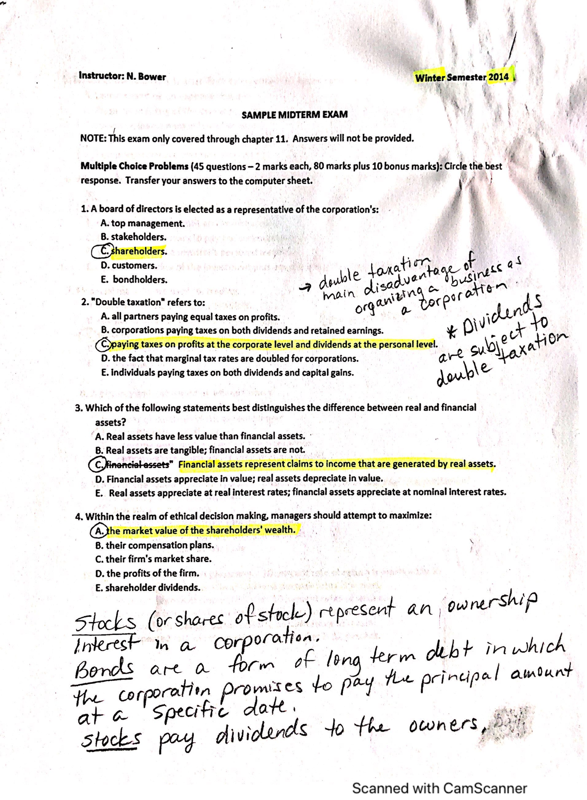 Sample W2015 midterm exam with answers - Instructor: N. Bower Winter ...