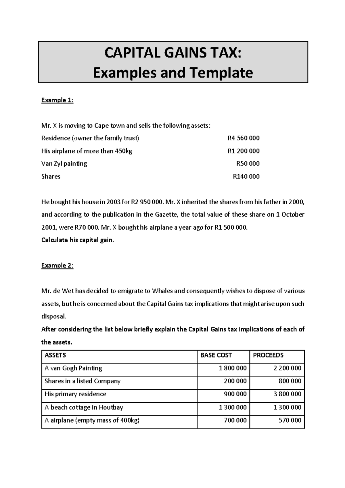 CGT example questions - CAPITAL GAINS TAX: Examples and Template ...