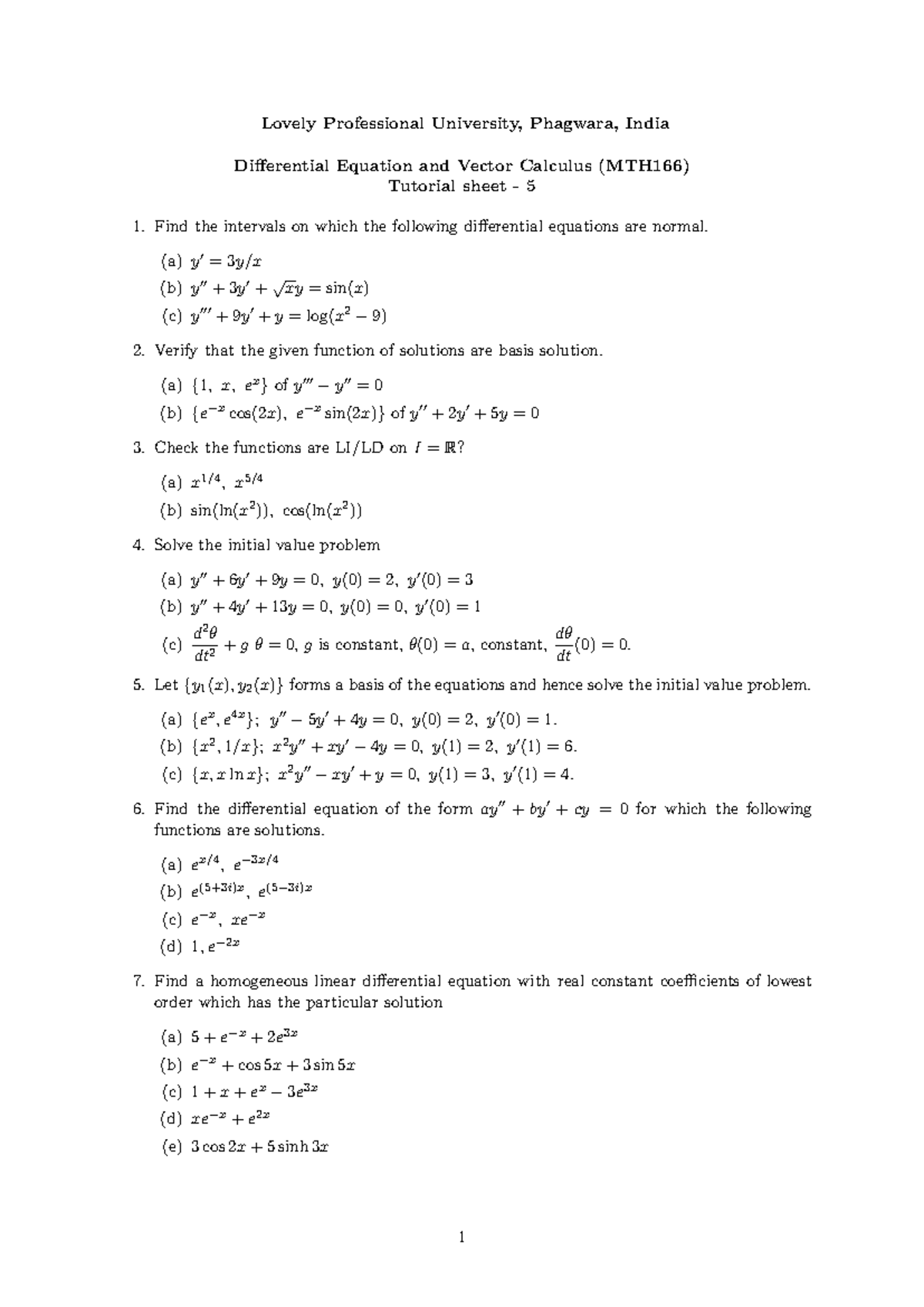 MTH166 Differential Equations & Vector Calculus Tutorial Sheet 5 - Studocu
