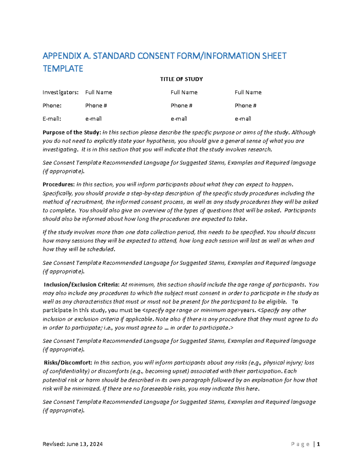 Appendix A. Standard consent sheet template for research studies - Studocu