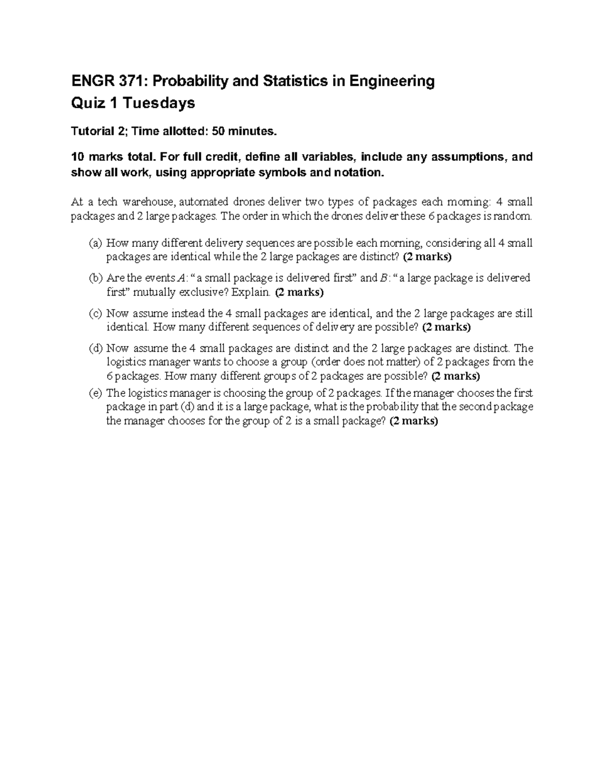 ENGR 371: Probability & Statistics in Engineering Quiz 1 - Summer 2025 ...