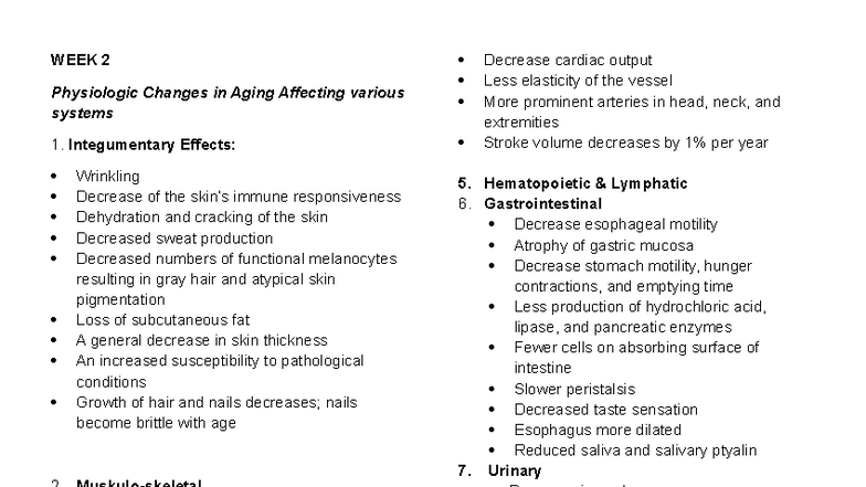 Geria 101: WEEK 2 Physiologic Changes in Aging and Their Impact - Studocu