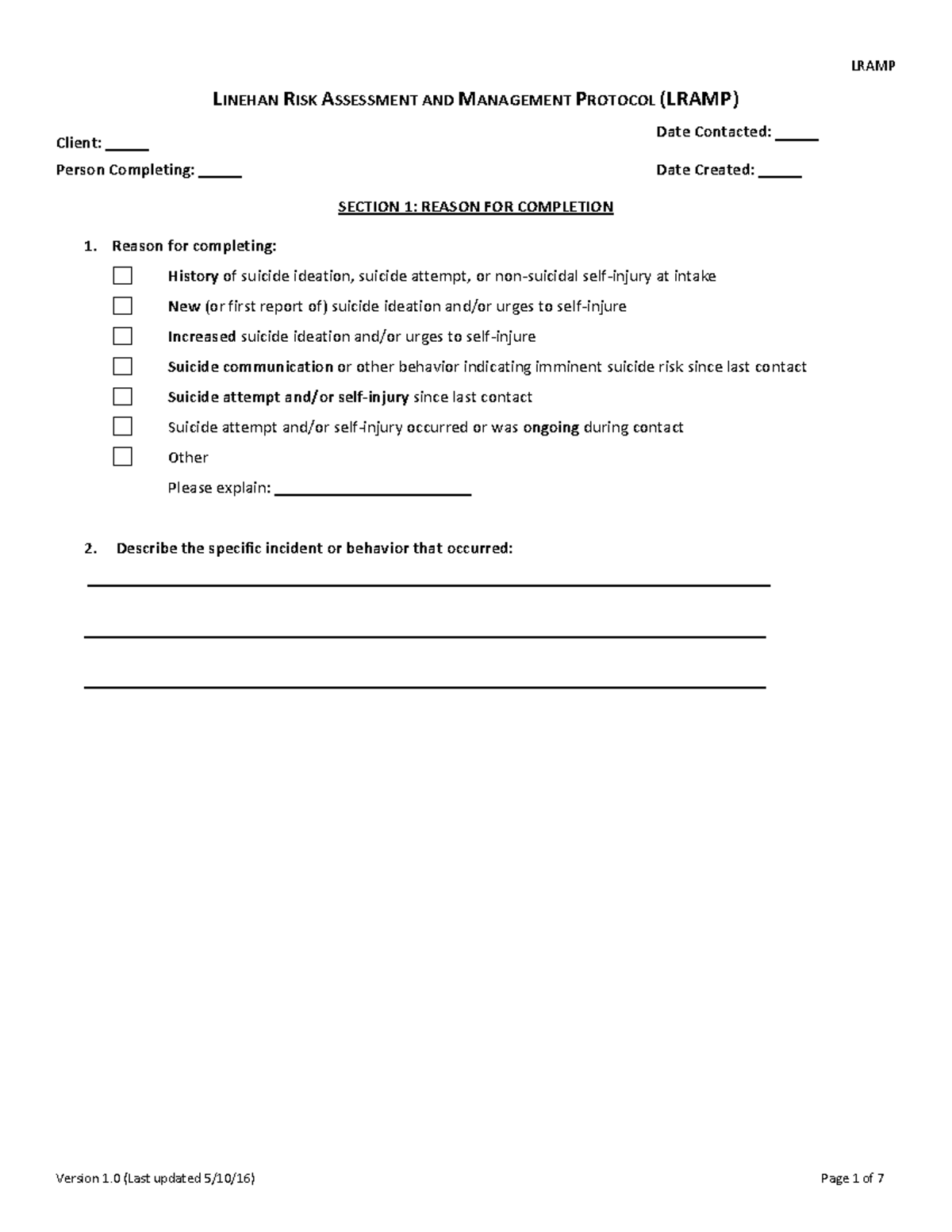 LRAMP Risk Assessment & Management Protocol (LSSN) - Version 1.0 - Studocu