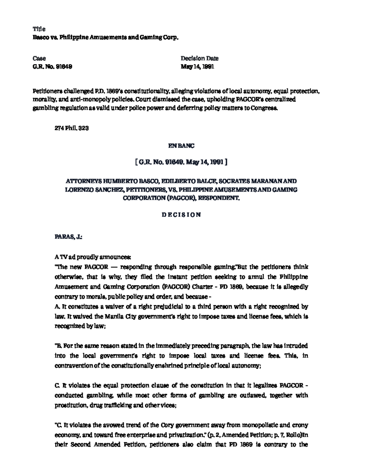 G.R. No. 91649 - Basco vs. PAGCOR: Constitutional Challenges and ...