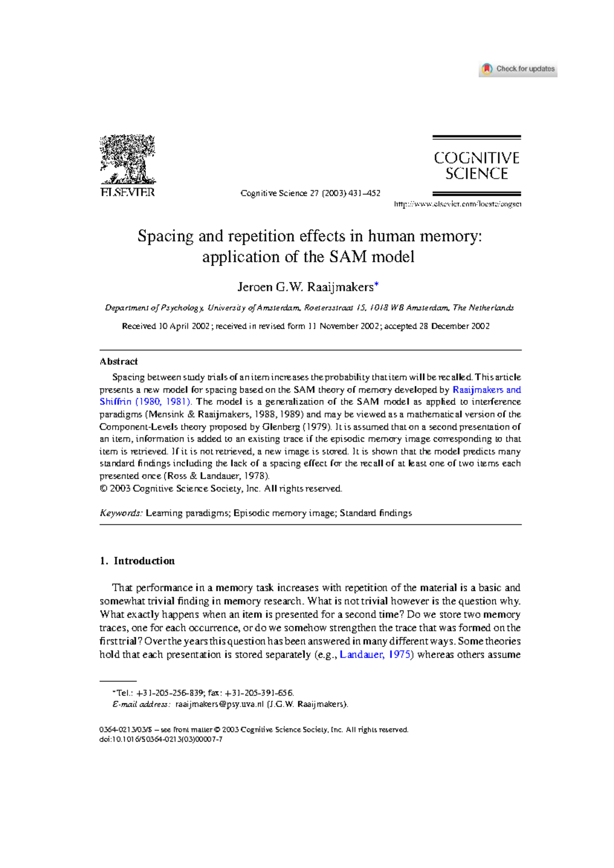 Cognitive Science 27: Spacing and repetition effects in memory using ...