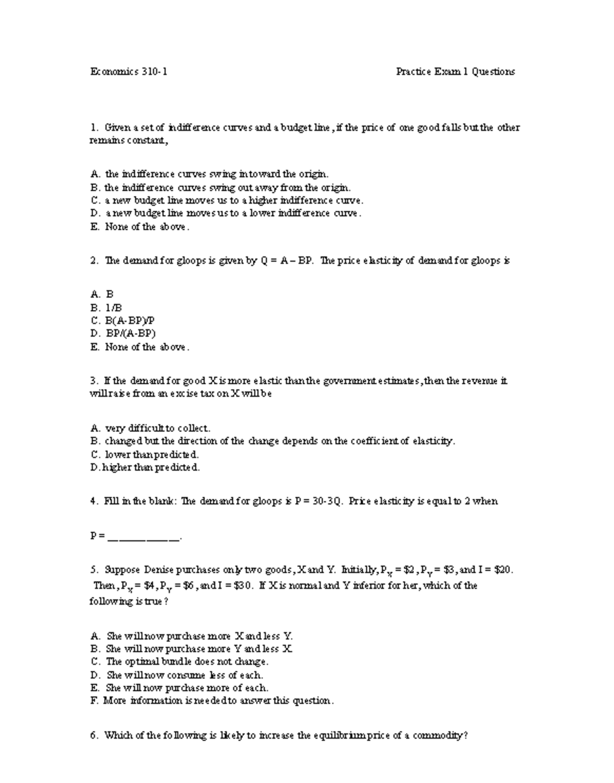 Northwestern Econ 310-1 Practice Midterm 1, Part 1 - Economics 310-1 ...