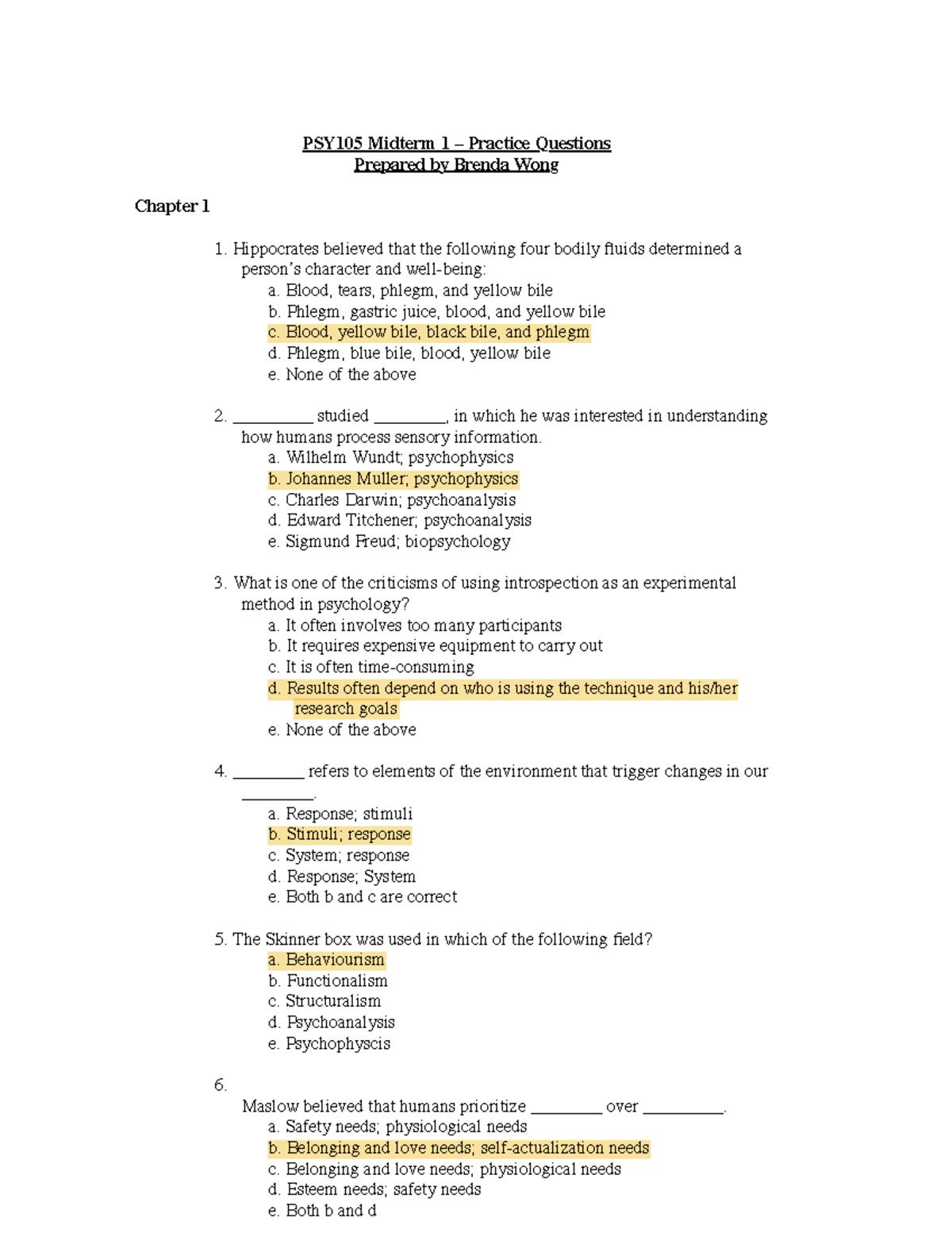 PSY105 Midterm 1 Study Guide: Practice Questions and Answers - Studocu
