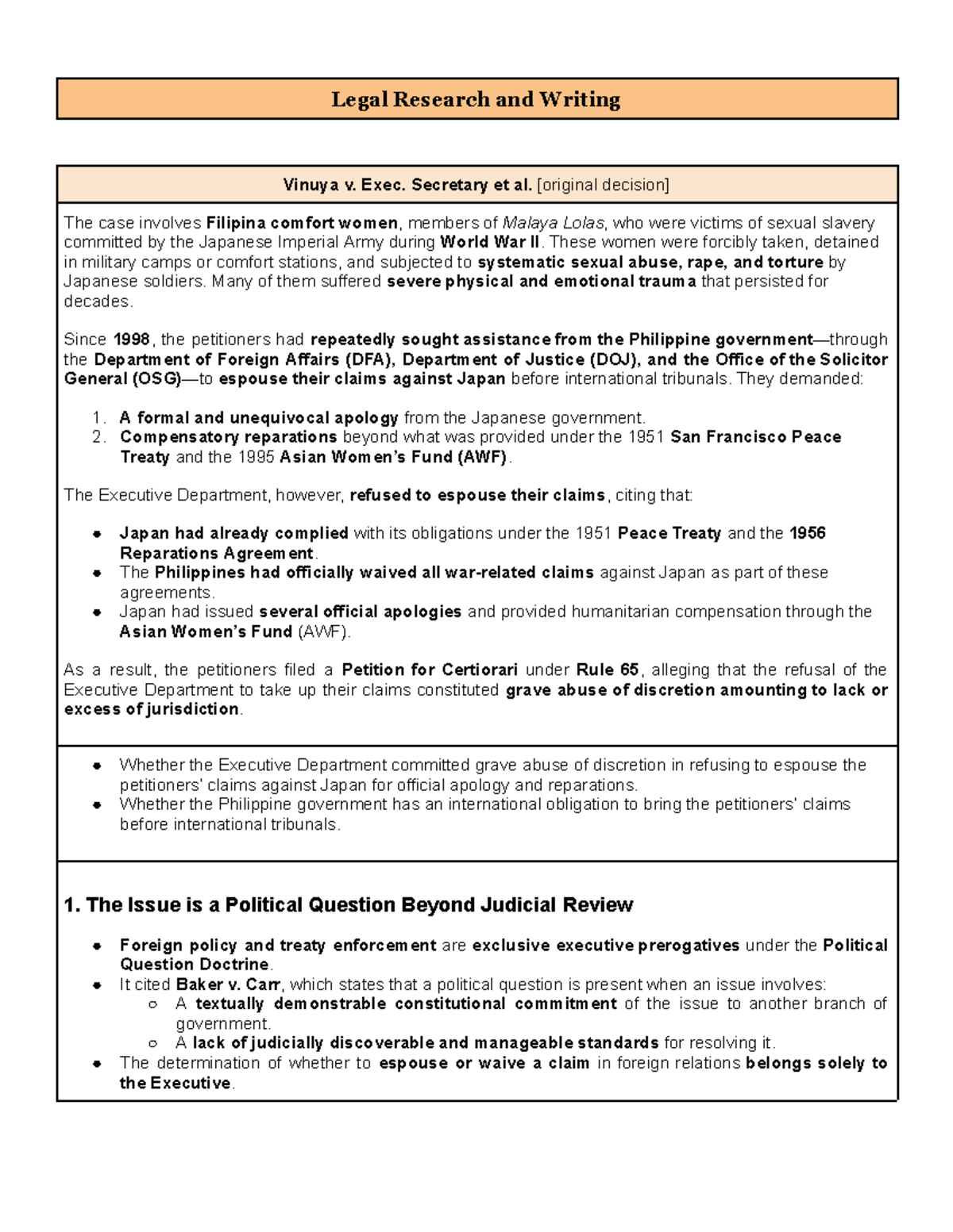 Legal research and writing: Vinuya v. Exec. Secretary case analysis ...