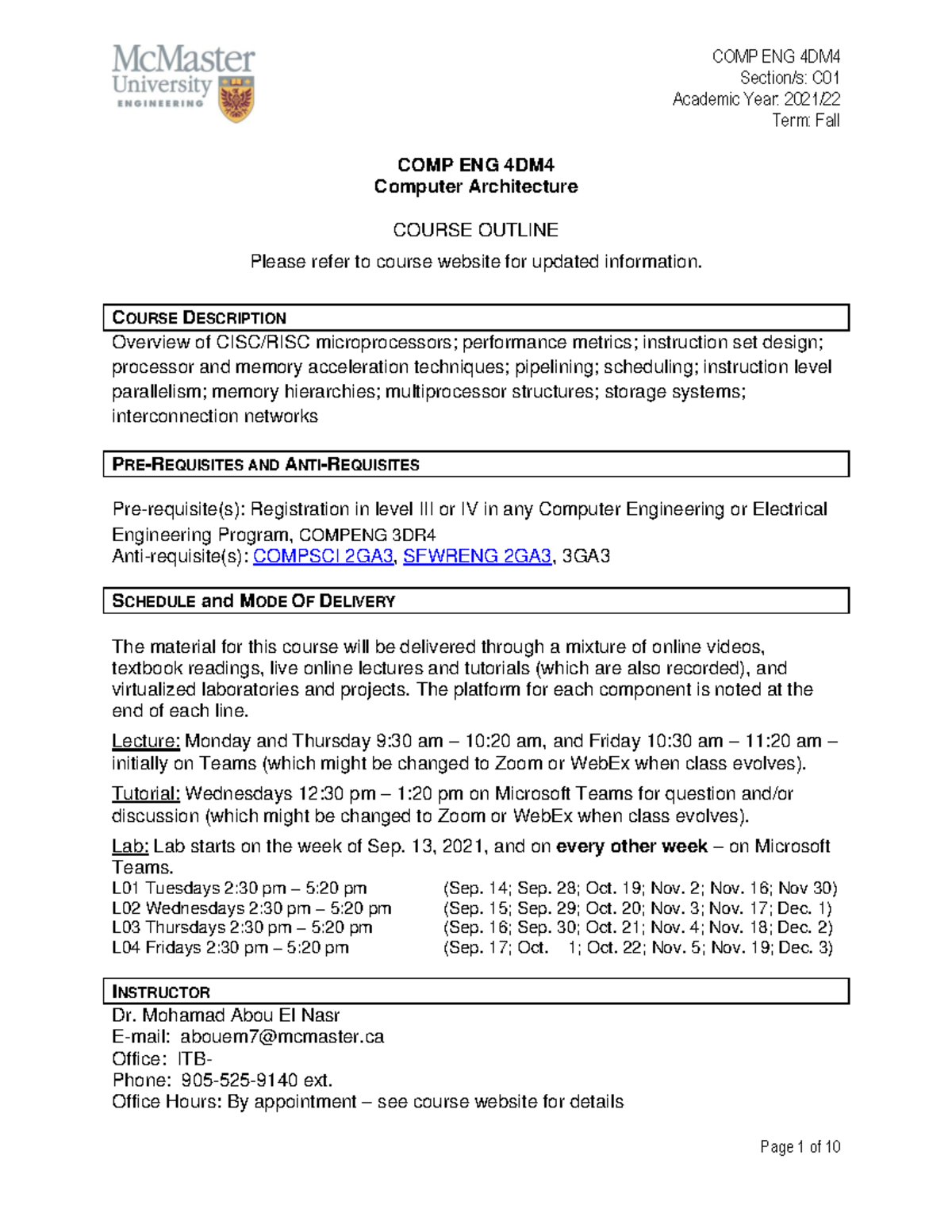COMP ENG 4DM Course Outline - Fall 2021-22 Overview and Structure - Studocu