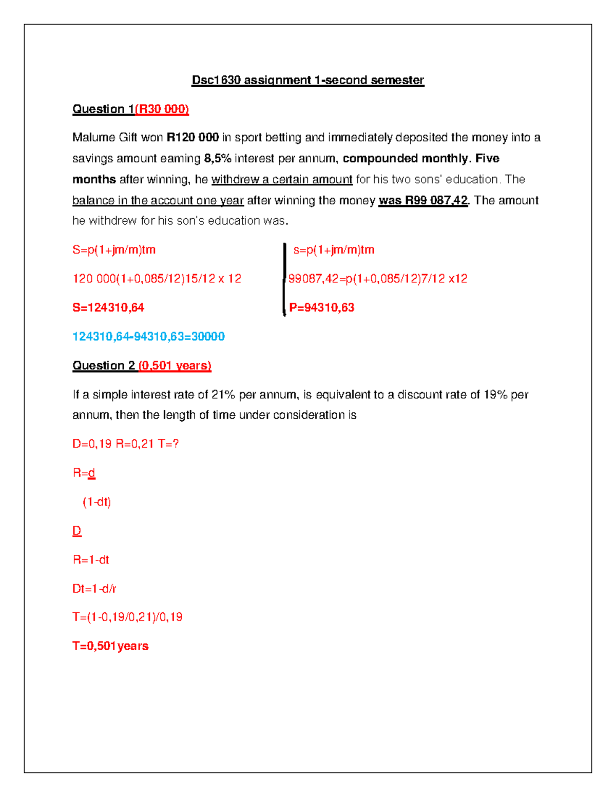 Dsc1630 Assignment 1: Financial Interest Concepts & Calculations - Studocu