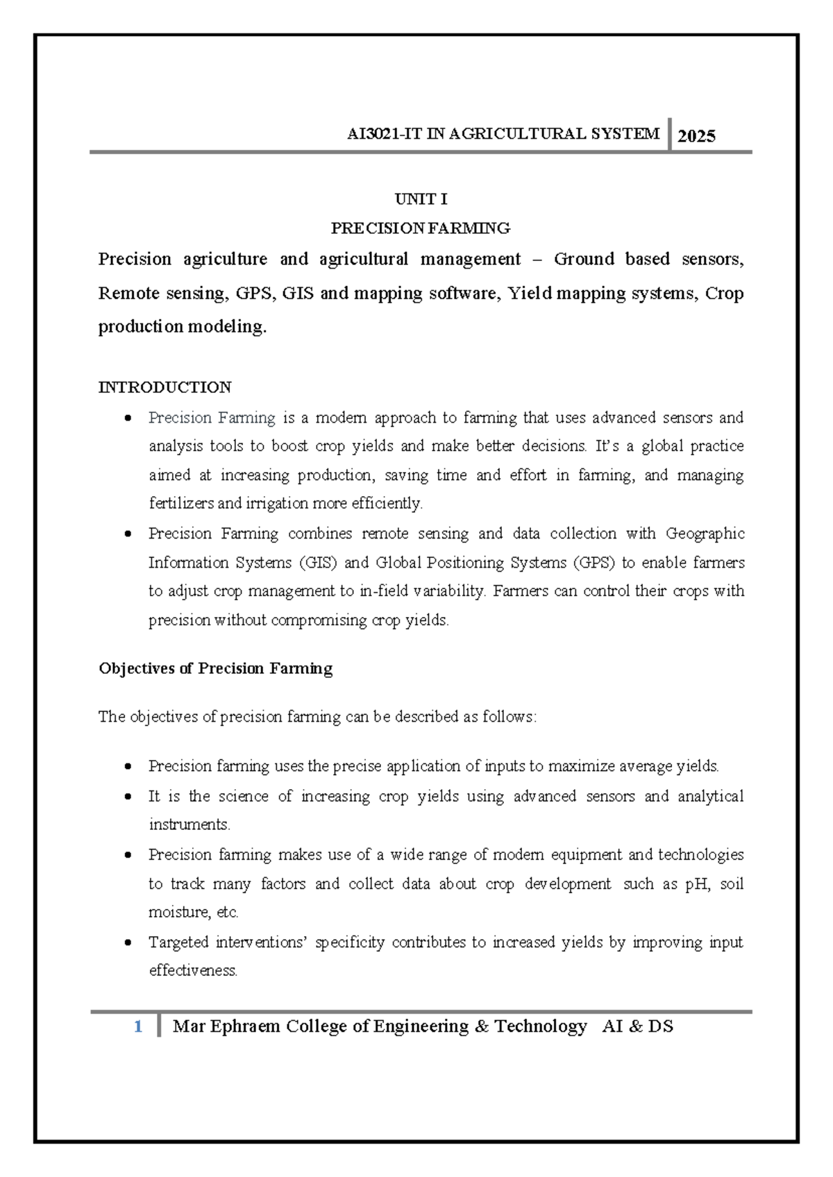 AI DS IN AGRICULTURAL SYSTEM 2025: Precision Farming Overview and ...