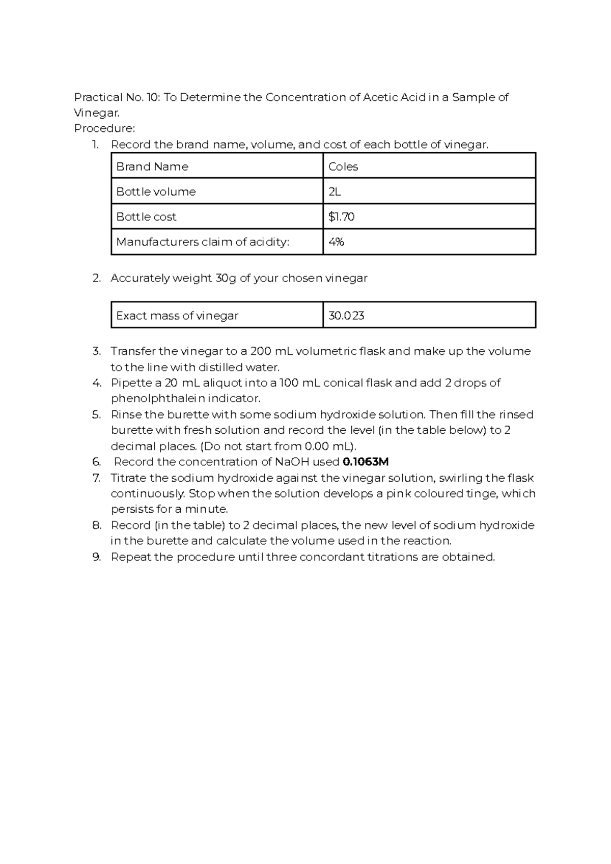 Practical 10: Determining Acetic Acid Concentration in Vinegar - Studocu