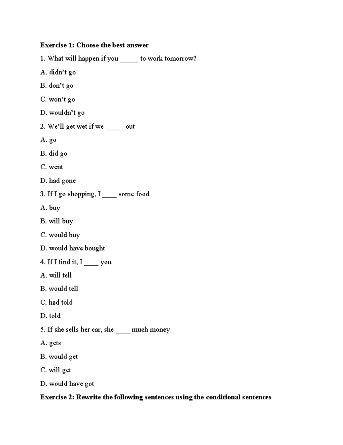 ENG 101: Conditional Sentences Practice Exercises - Studocu