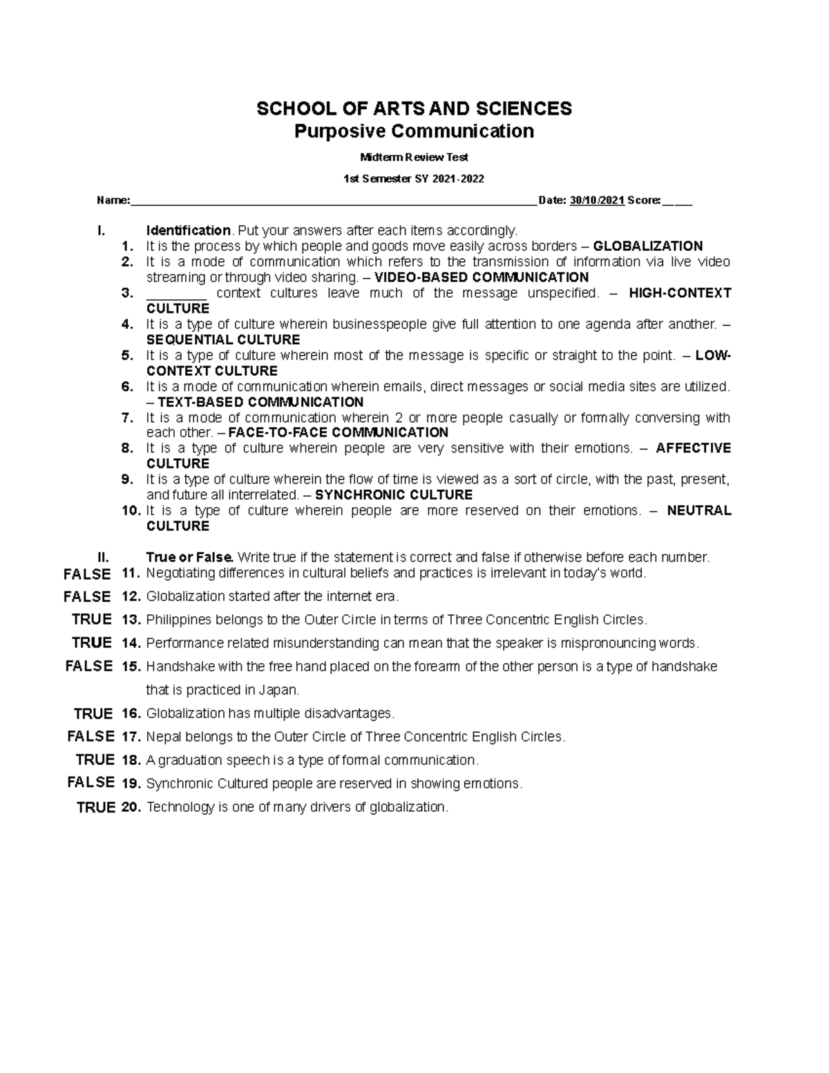 Purposive Communication Midterm Review Test (Exam Guide) - English for ...
