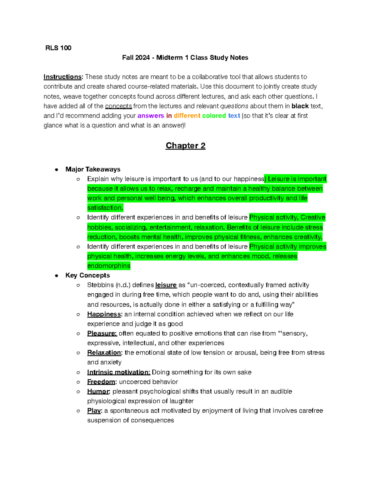 RLS 100 Midterm 1 Class Study Notes - RLS 100 Fall 2024 - Midterm 1 ...