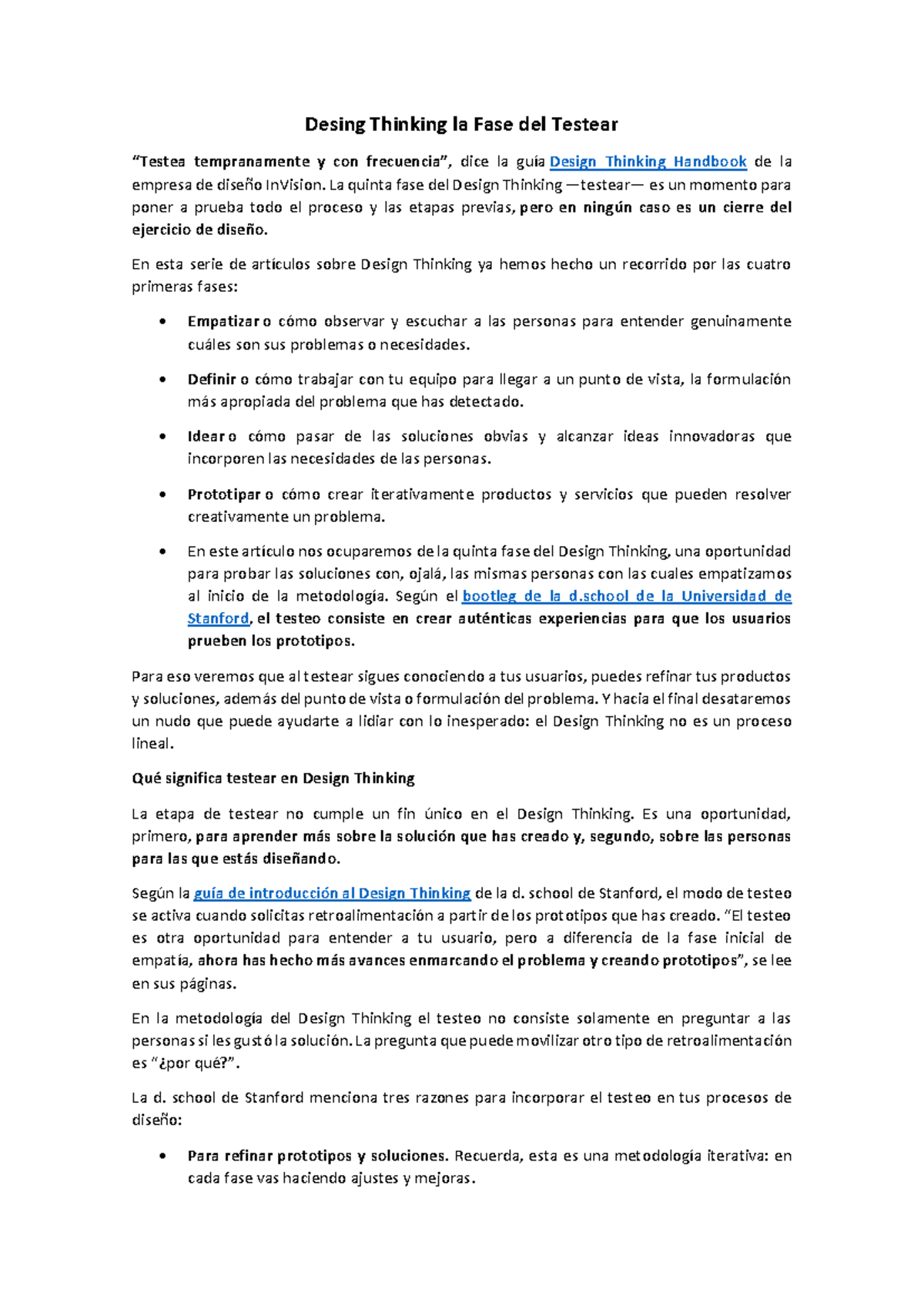 Design Thinking: La Fase de Testeo según InVision - Studocu