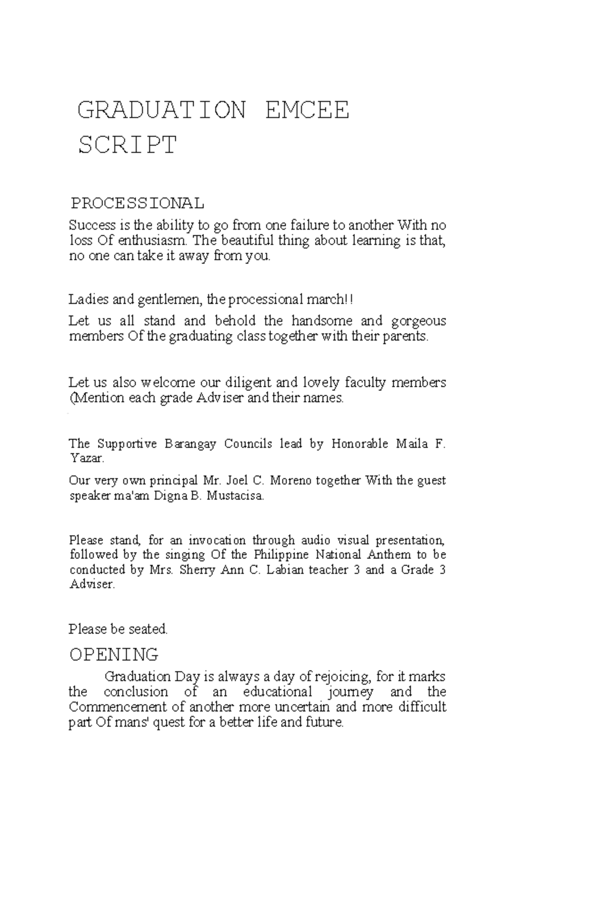 Graduation emcee script for Bagacay Elementary School 2025 - Studocu