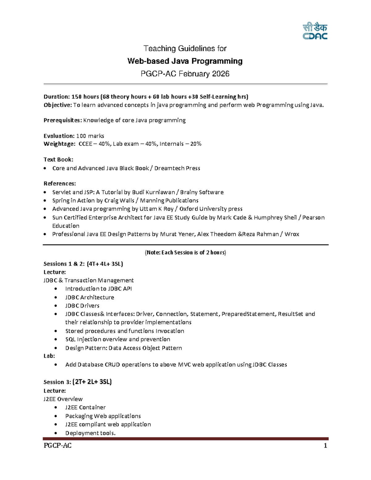Java Programming Syllabus (PGCP-AC) - Feb 2026: 150 Hours Overview ...