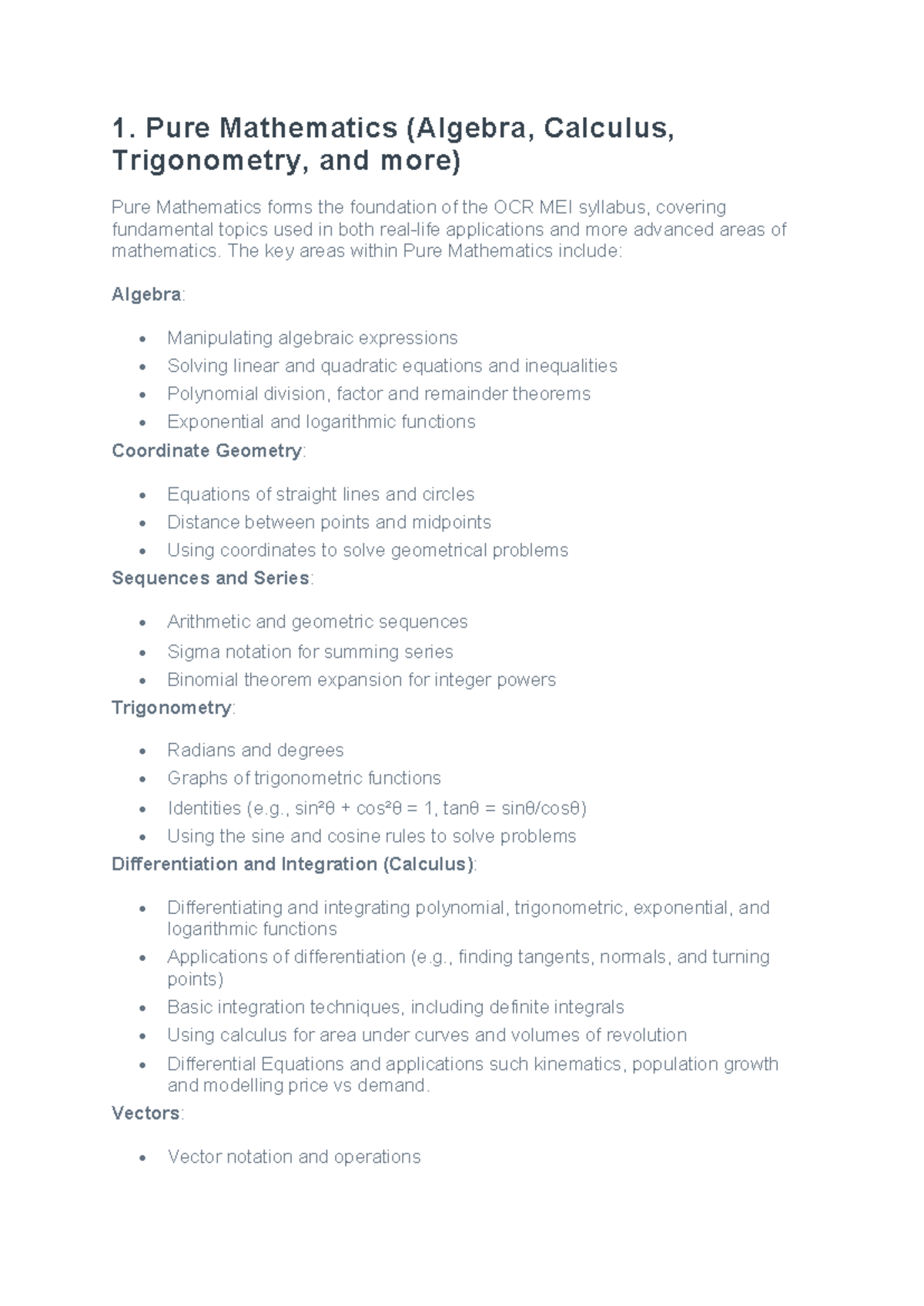 Pure Mathematics & Statistics Checklist for OCR MEI Course - Studocu