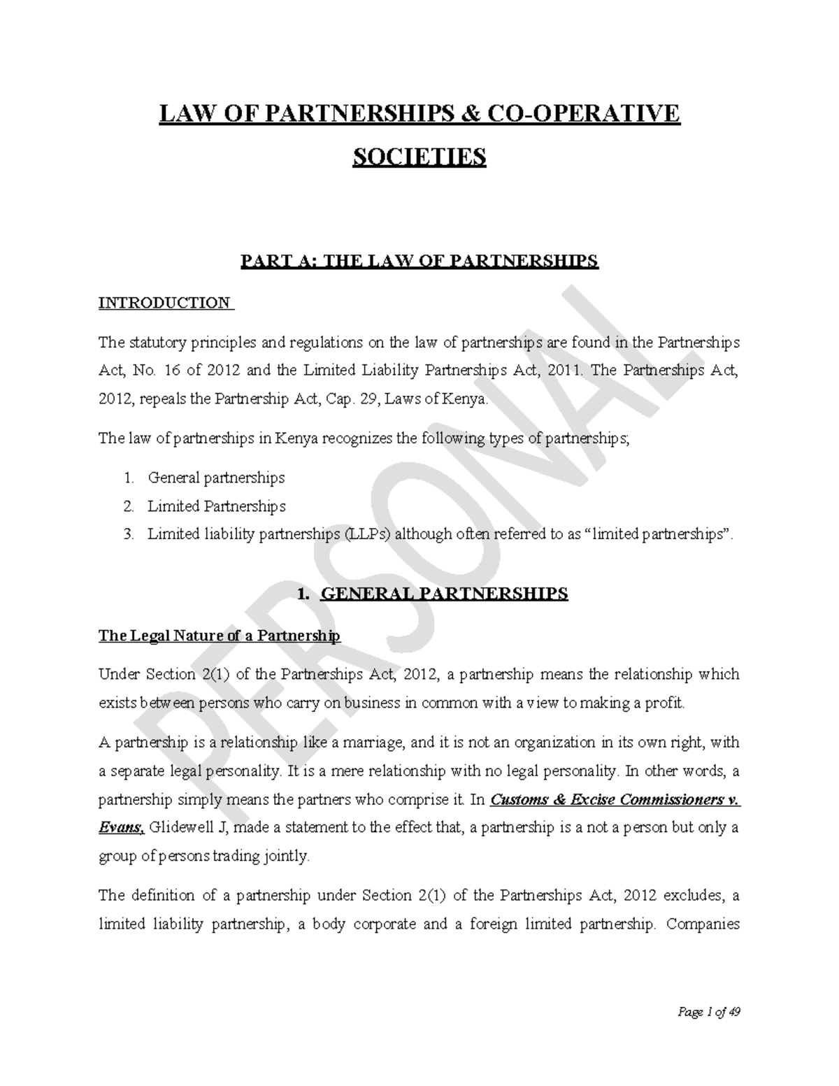 LAW OF PARTNERSHIPS - CLASS NOTES (PART A) - Studocu