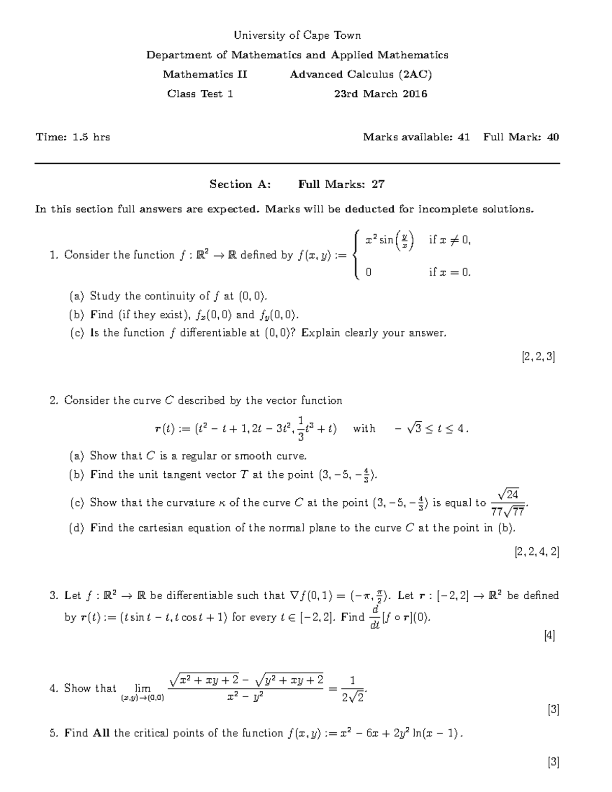 MAM2000W-2AC Class Test 01 - Mathematics II Advanced Calculus (2016 ...