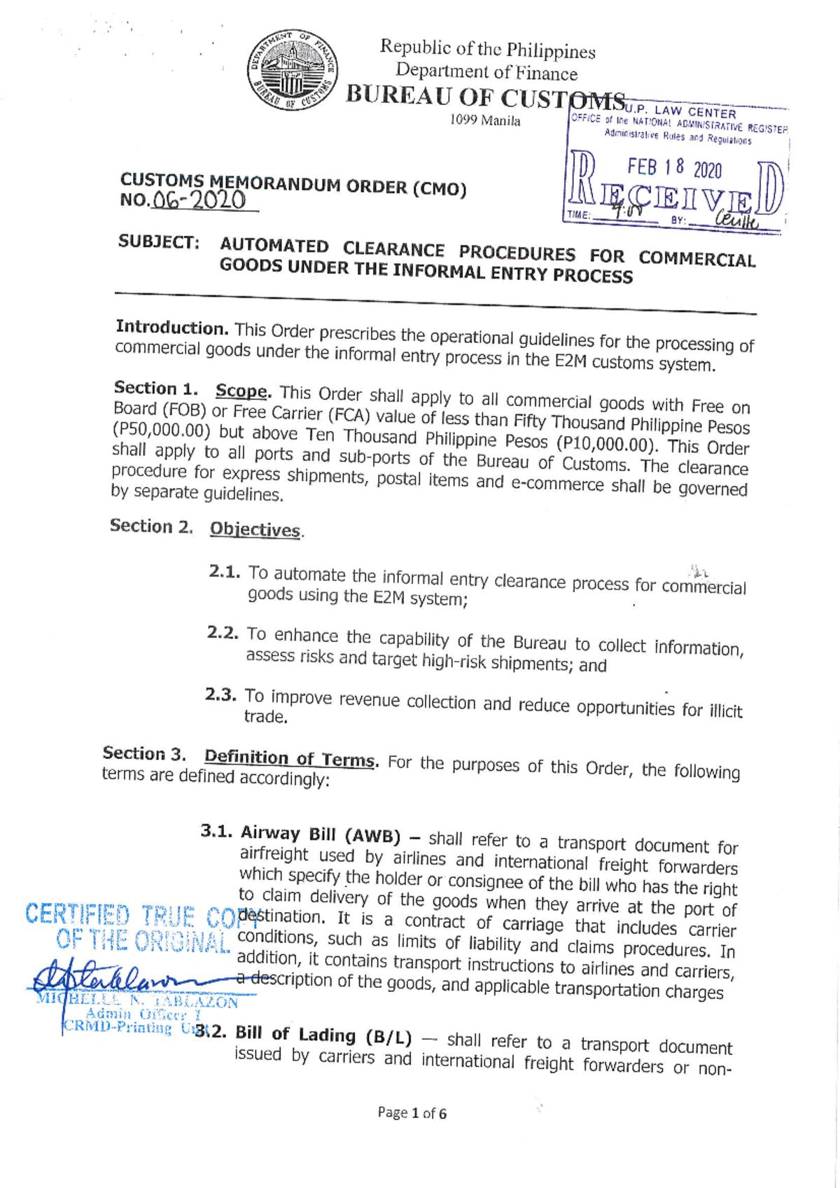 CMO 06-2020: Automated Clearance Procedures for Informal Entry of ...
