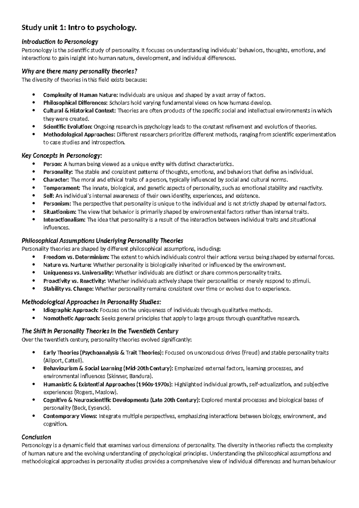 SU 1-6: Comprehensive Summary of Personality Theories in Psychology ...
